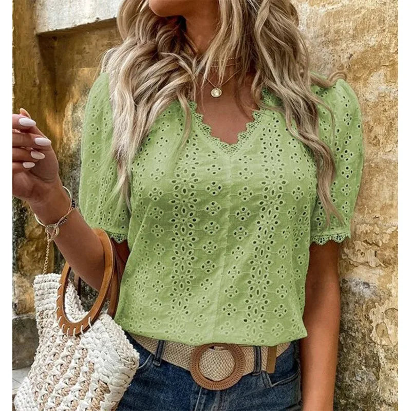 2022 Summer New Office Lady Elegant Fashion Lace Spliced Hollow Solid Shirt V-neck Puff Sleeve Leisure Pullover Blouse Femme