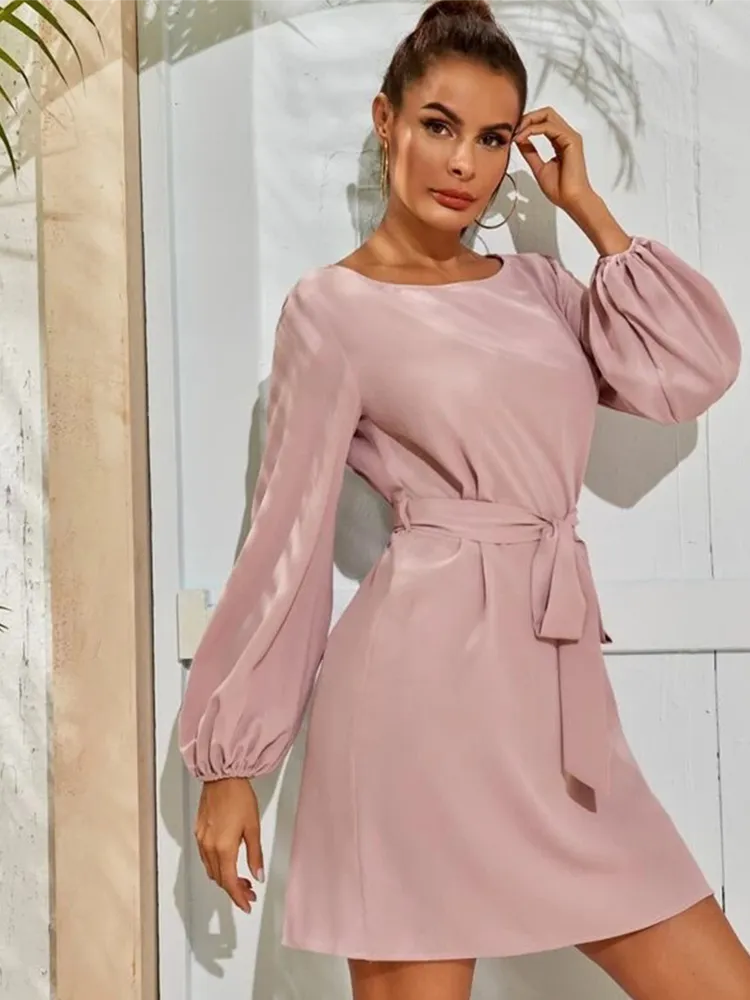 Loose Pink Chiffon Dress Solid Color Simple Lantern Style 2023 Fashionable Temperament Commuter Thin Hedging High Waist Dress