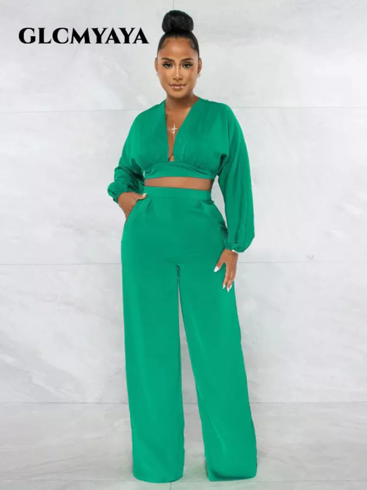 CM.YAYA Elegant Solid Straight Wide Leg Pants Suit for Women Long Sleeve Deep V-neck Blouse Shirt Fashion Two 2 Piece Set Outfit