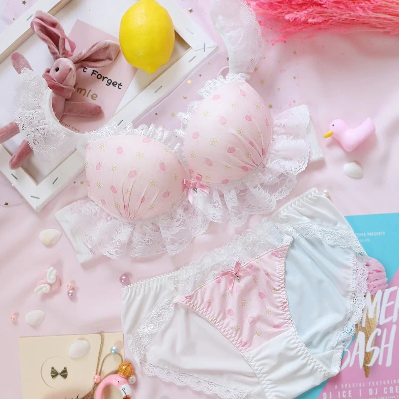Japan Sweet Cute Sexy Push Up Bra Brief Set Lace Pink Underwear Women Girls Kawaii Plus Size Lingerie 32 34 36 38 A B C D E bh