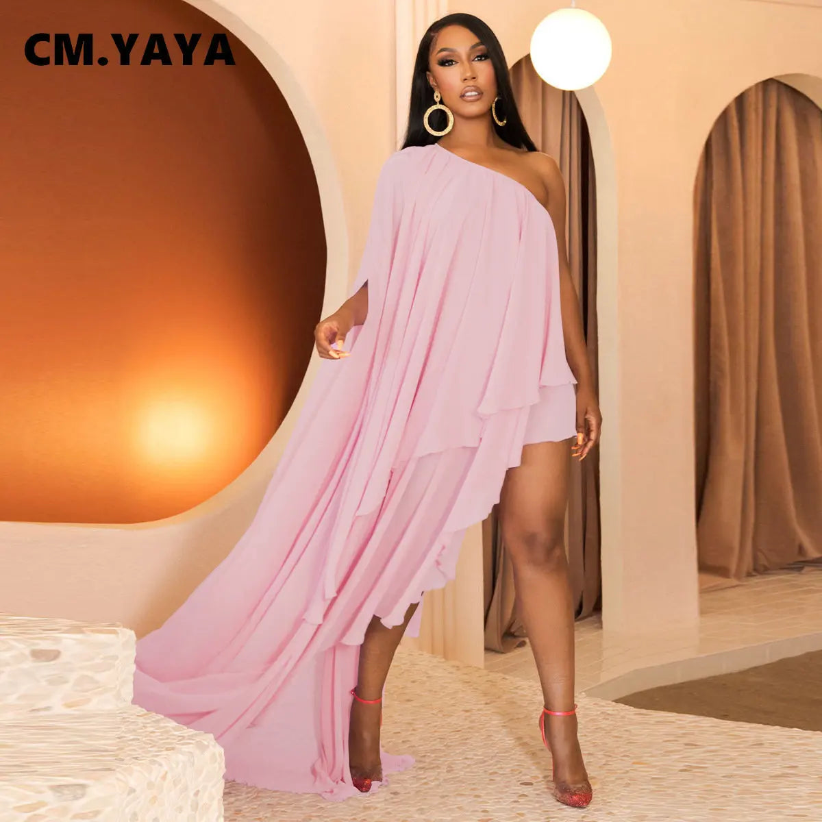 CM.YAYA Women One Shoulder Irregular Tierred Maxi Long Chiffon Dress 2023 Summer Female Vestidos Party Sexy Evening Dresses