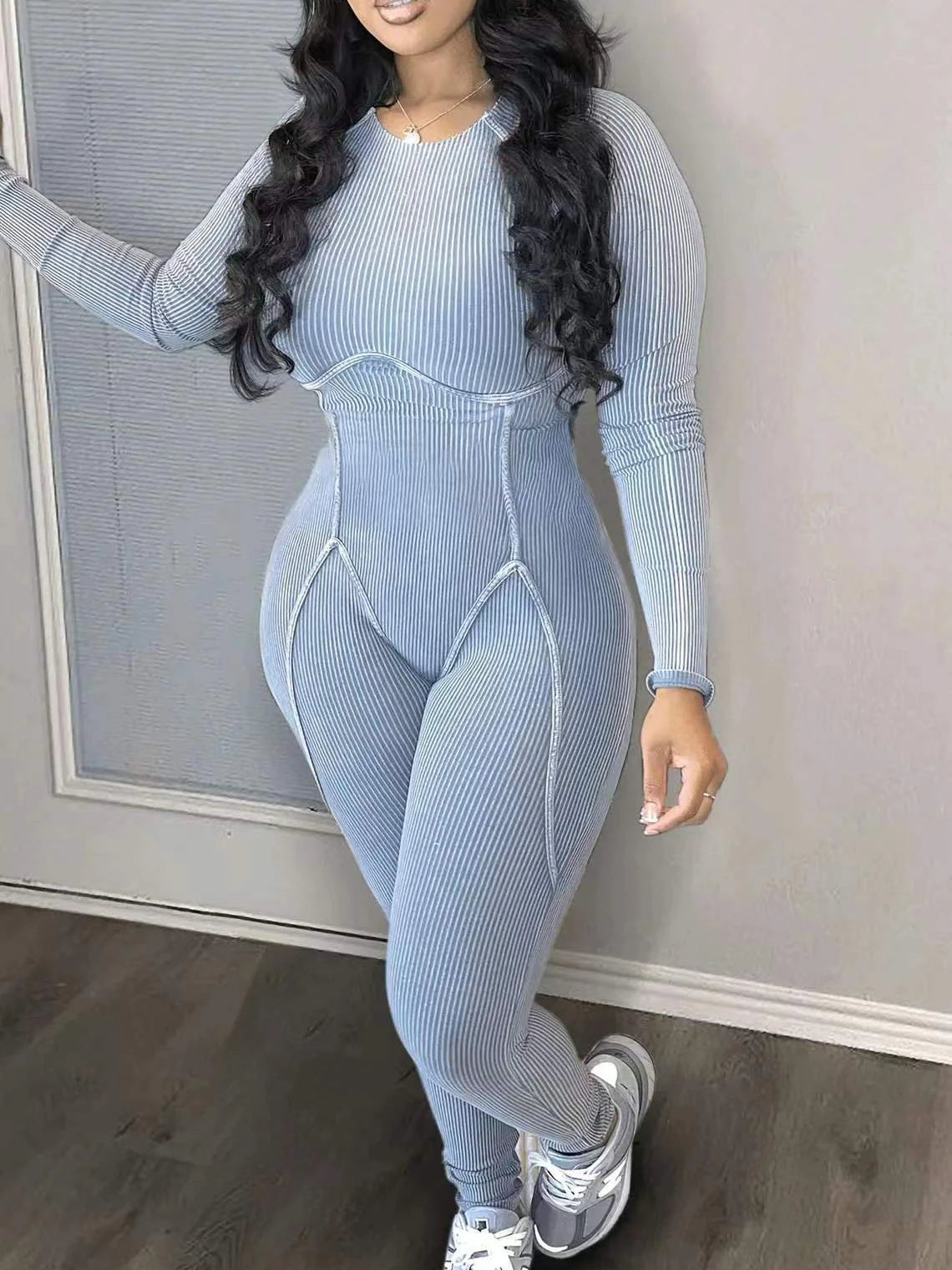 CM.YAYA Women Knit Ribbed Long Sleeve Skinny Stretch O-neck Jumpsuit 2023 Street Active Yoga Sexy One Piece Suit Romper Playsuit