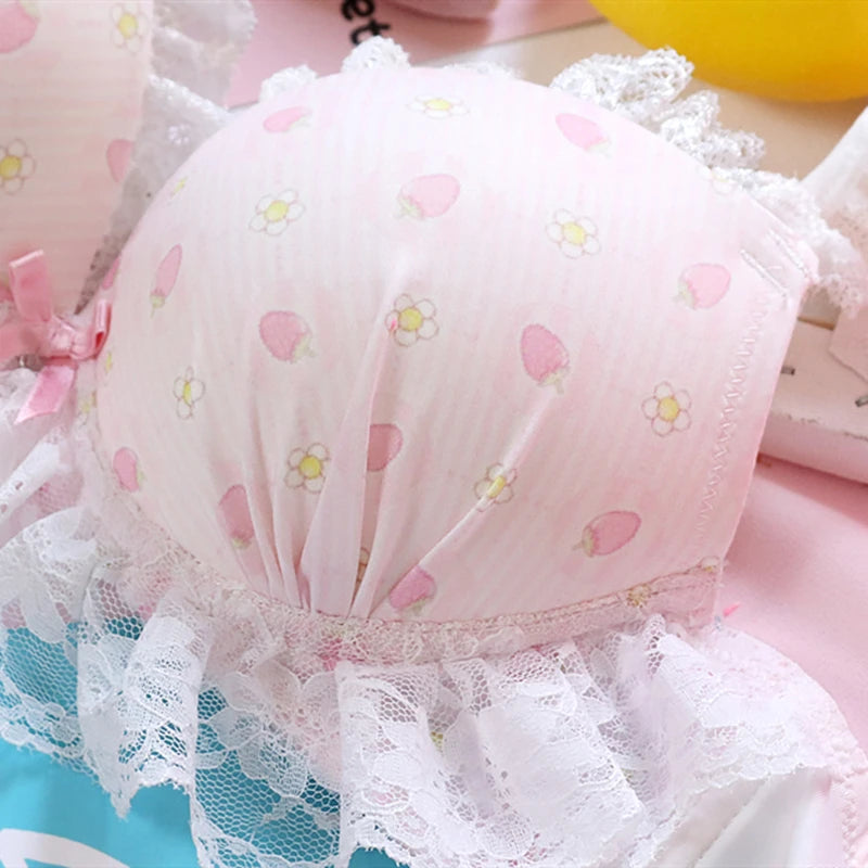 Japan Sweet Cute Sexy Push Up Bra Brief Set Lace Pink Underwear Women Girls Kawaii Plus Size Lingerie 32 34 36 38 A B C D E bh