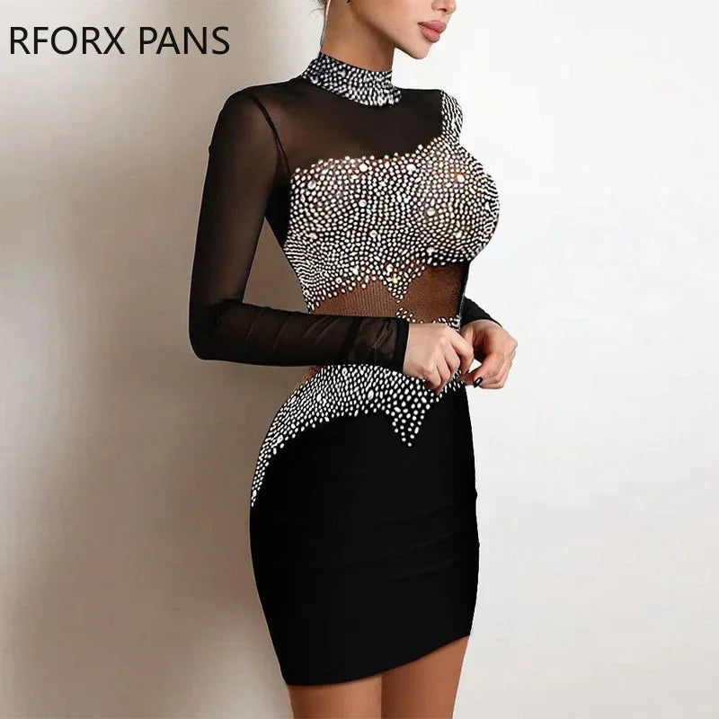 Women Elegant Rhinestone Decor Sheer Mesh Bodycon Dress