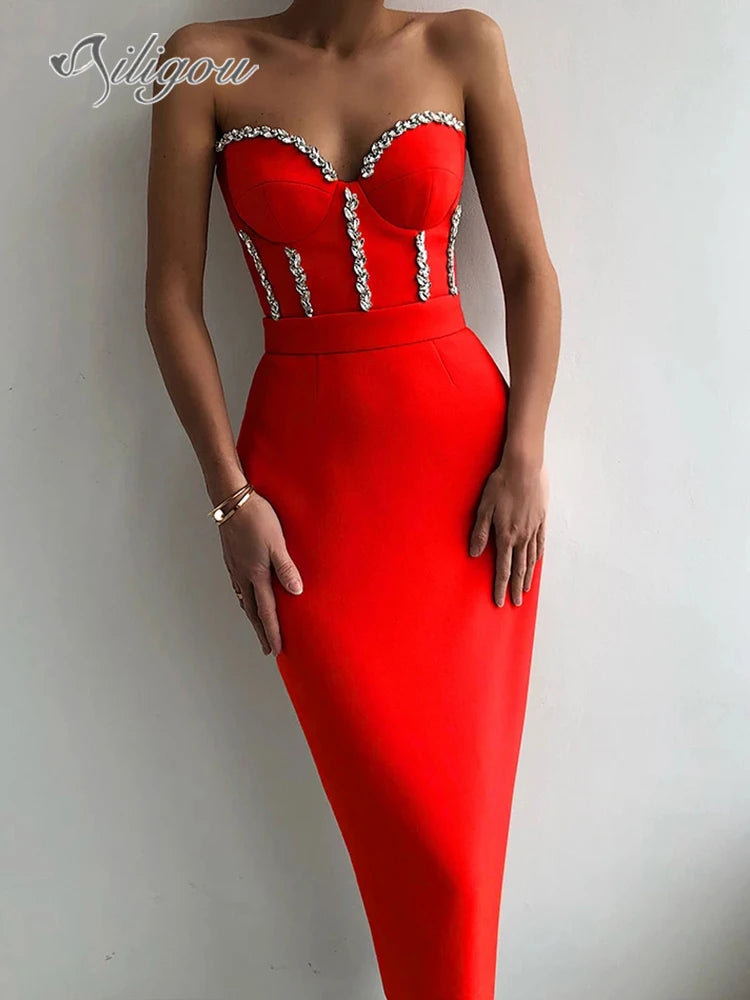 Ailigou 2022 New Women'S Fashion Bead Chain Crystal Design Long Dress Sexy Sleeveless Backless Celebrity Party Bandage Dress