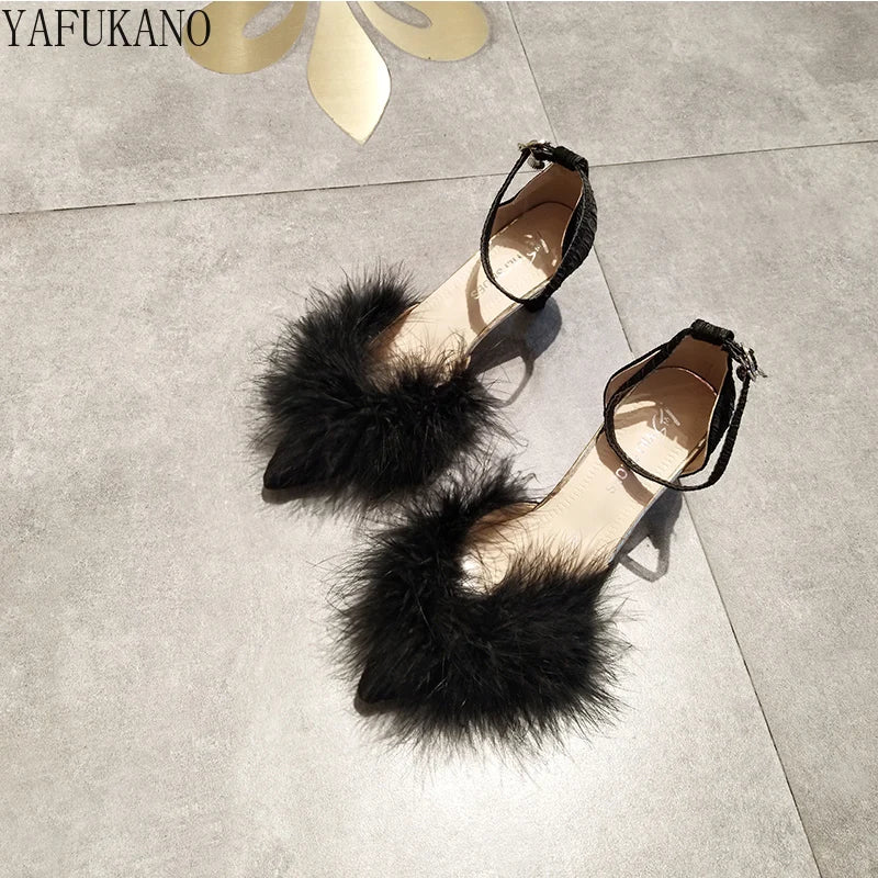 Fashion Hairy High Heels Womens Shallow Mouth Word Buckle Fairy Style Pointed Toe Stiletto Party Dress Shoes Pink Fur Pumps 6Cm