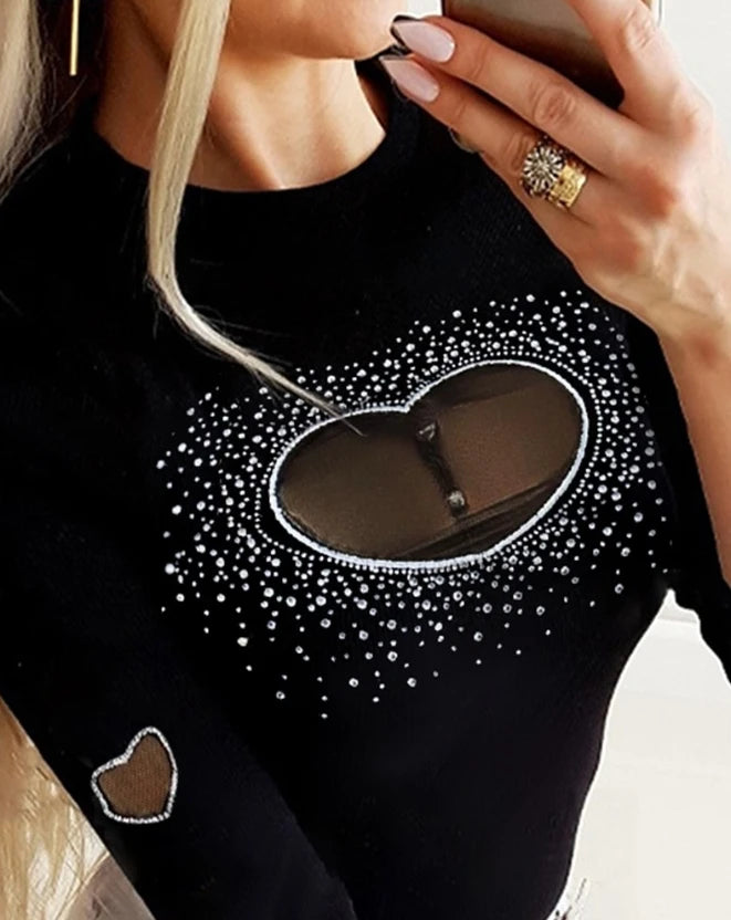 Woman Sexy Blouses 2023 New Fashion Autumn and Winter Heart Pattern Rhinestone Sheer Mesh Patch Top Female Casual Pullover