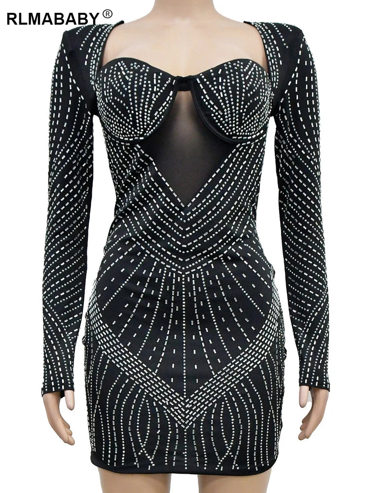 RLMABABY Sparkly Backless Diamond Sheer Mesh Mini Bodycon Dress Women Sexy Party Club Long Sleeve Package Hip Short Slim Dress