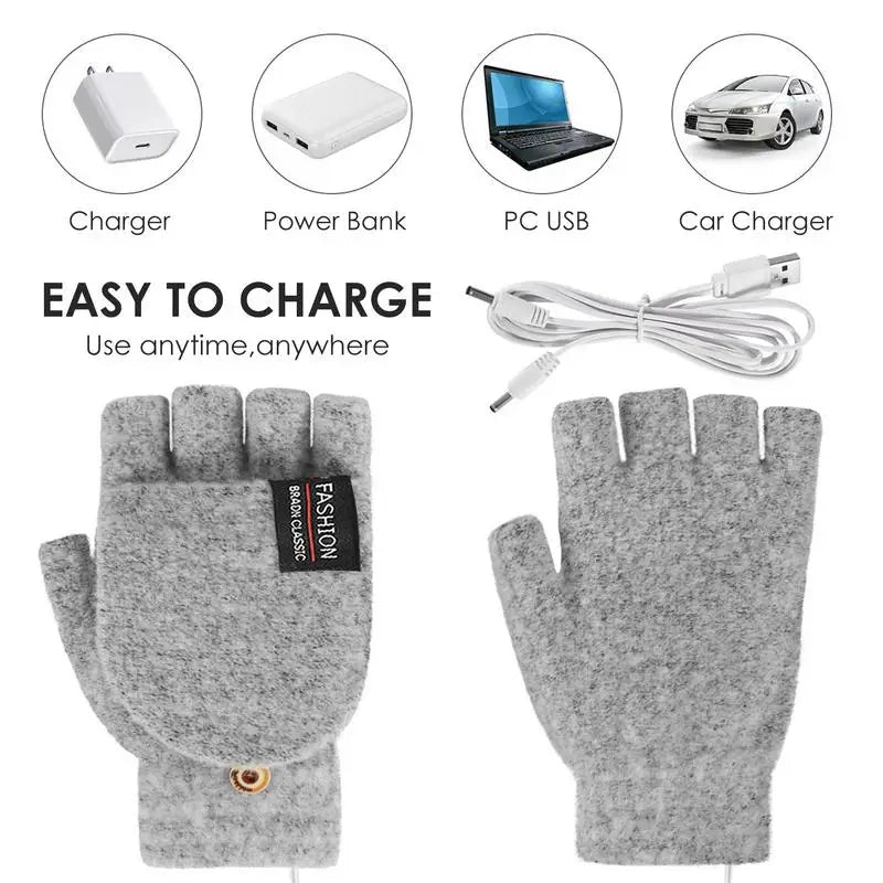 Winter Half-finger Double-sided USB Heating Gloves Lip Cover Wool Warmth Fingerless Mittens 5V Skiing Fishing Heated Glove