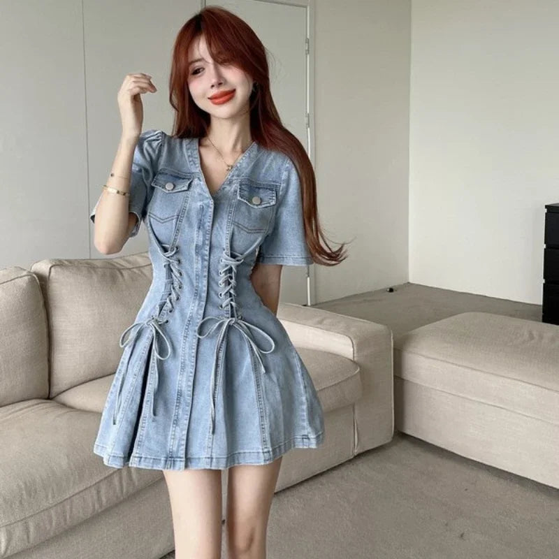 French Elegant Dresses V Neck Puff Sleeve Solid Color Bandage Jean Dress Summer Female Slim Fashion Vintage Women Clothes 2023