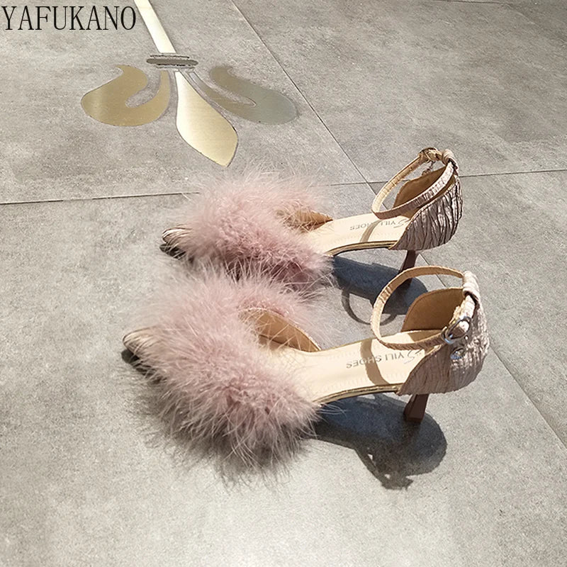 Fashion Hairy High Heels Womens Shallow Mouth Word Buckle Fairy Style Pointed Toe Stiletto Party Dress Shoes Pink Fur Pumps 6Cm