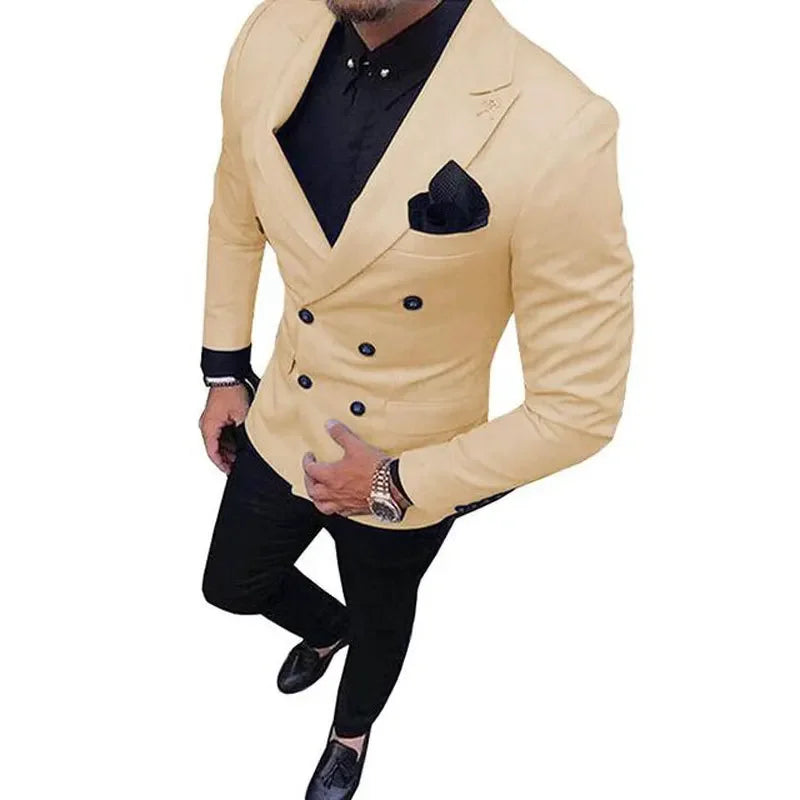 Classic New Fashion Men Suit Two Pieces Double Breasted Notch Lapel Blazer Jacket  & Trousers Wedding Party (Jacket+Pants)