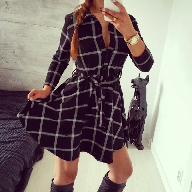 Autumn Winter Women Casual Dress Plaid Print Shirt Dress High Waist Casual Slim Dress Vestidos With Belt Dress Elegant Dresses