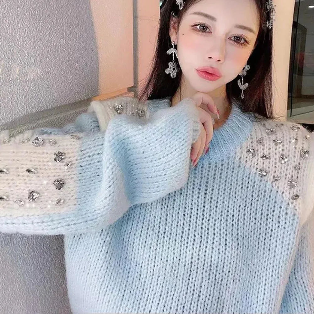 Autumn Winter O Neck Diamonds Jumpers Woman Contrast Color Loose Casual Pull Femme Knitted Pullover Korean Sweater Y2k Jumpers