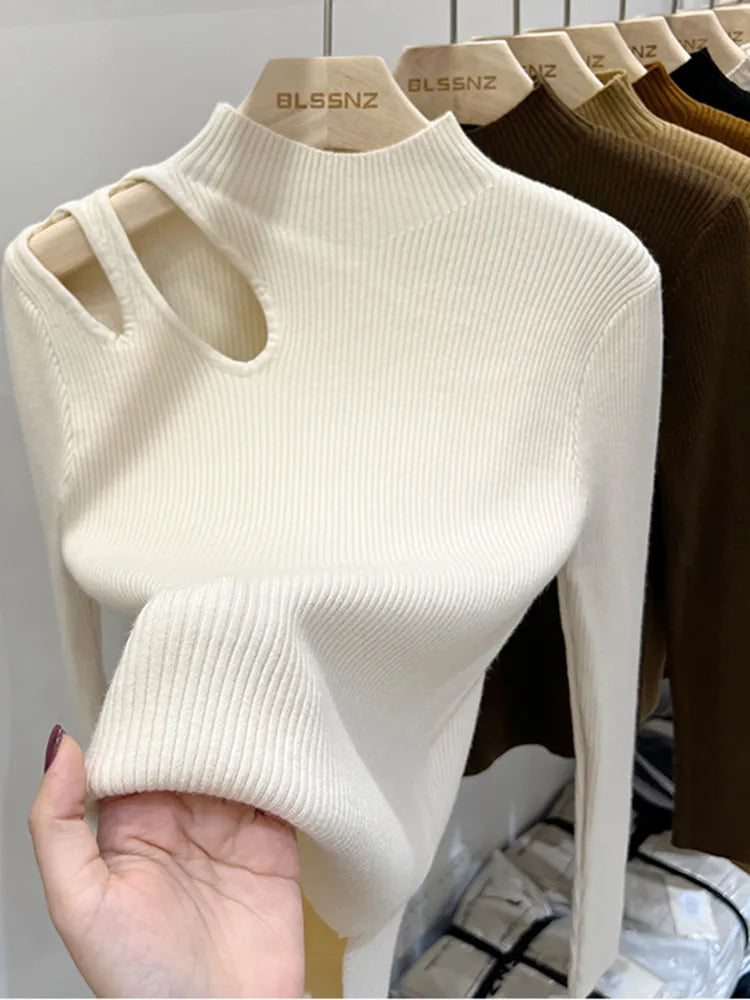 Hollow-out Turtleneck Knitted Women Sweater Ribbed Pullovers Autumn Winter Basic Women Sweaters Fit Soft Warm Tops