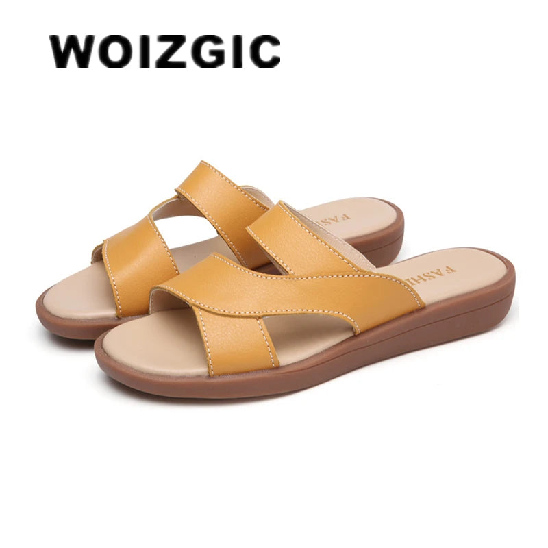 WOIZGIC New Women Old Mother Female Ladies Shoes Sandals Cow Genuine Leather Slip On Summer Beach Casual Size 35-40 YL-1802