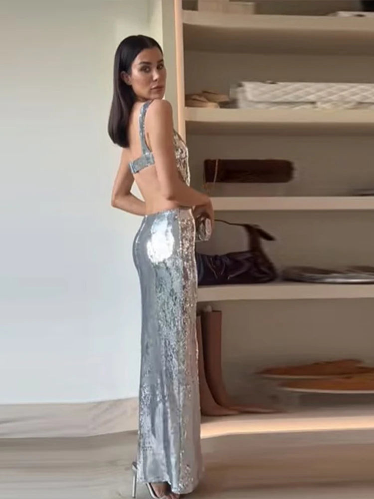 Sexy Sling Backless Silvery Maxi Dresses For Women Fashion High Waist Bodycon Sleeveless Robes Female Evening Party Vestidos