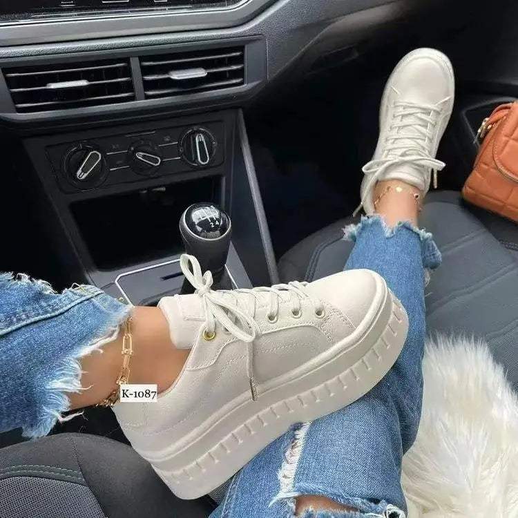 Women Leather Platform Shoes Fashion Solid Color Chunky Heel Sneakers Casual Flat Sports Shoes Designer Shoes Zapatillas Mujer