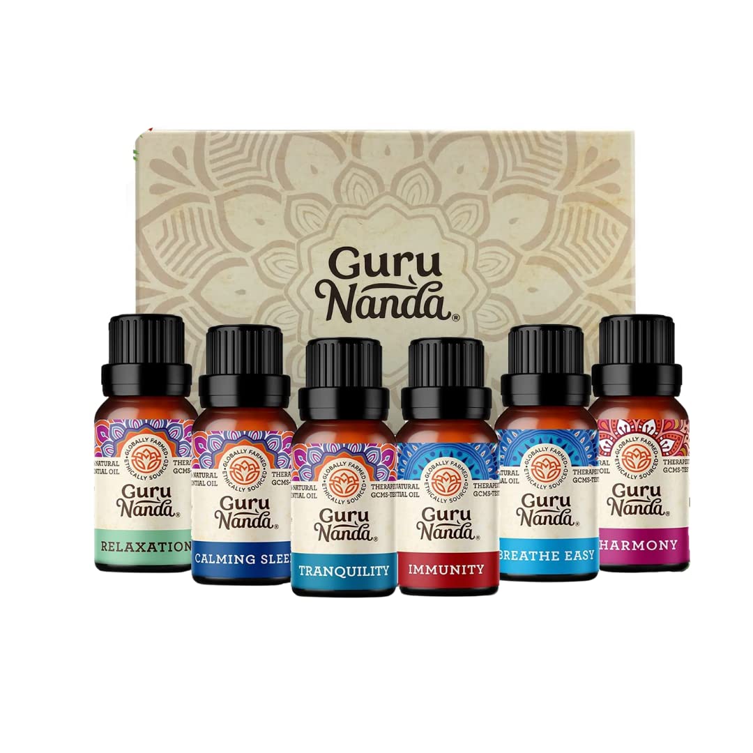 Guru Nanda (Set of 6) Therapeutic Grade Essential Oil Blends - 100% Pure & Natural Aromatherapy Blends for Oil Diffusers & Topical Use & GuruNanda Essential Oil Diffuser (Pack of 2)