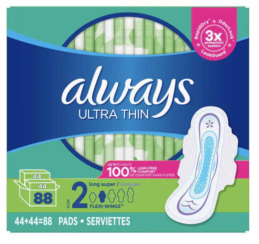 Always Ultra Thin Long Super Pads, Unscented with Wings, 88 Count