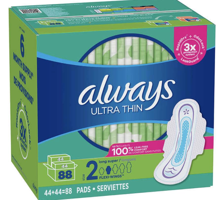 Always Ultra Thin Long Super Pads, Unscented with Wings, 88 Count