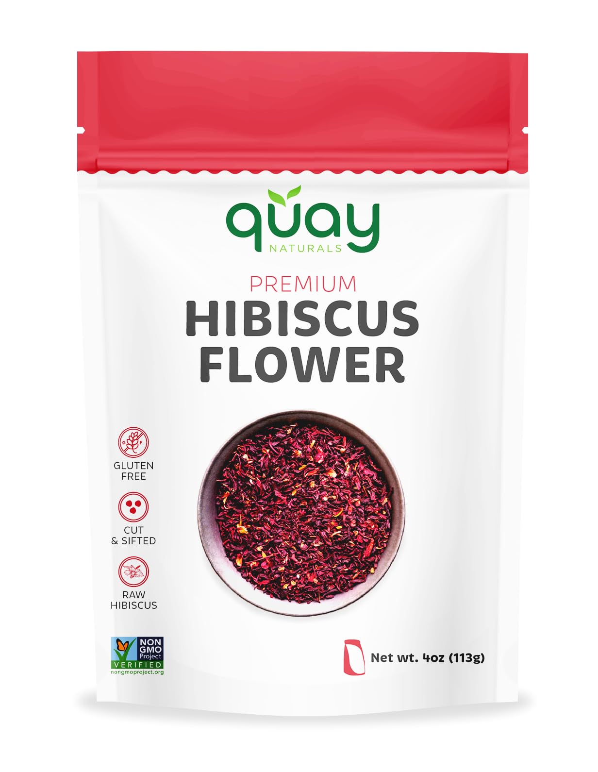 Quay Naturals Hibiscus Flowers, 4 oz, Flor de Jamaica - Cut & sifted - Pure & Natural Roselle Flowers for Teas, Smoothies & Baking - Hibiscus sabdariffa Flowers - Non GMO