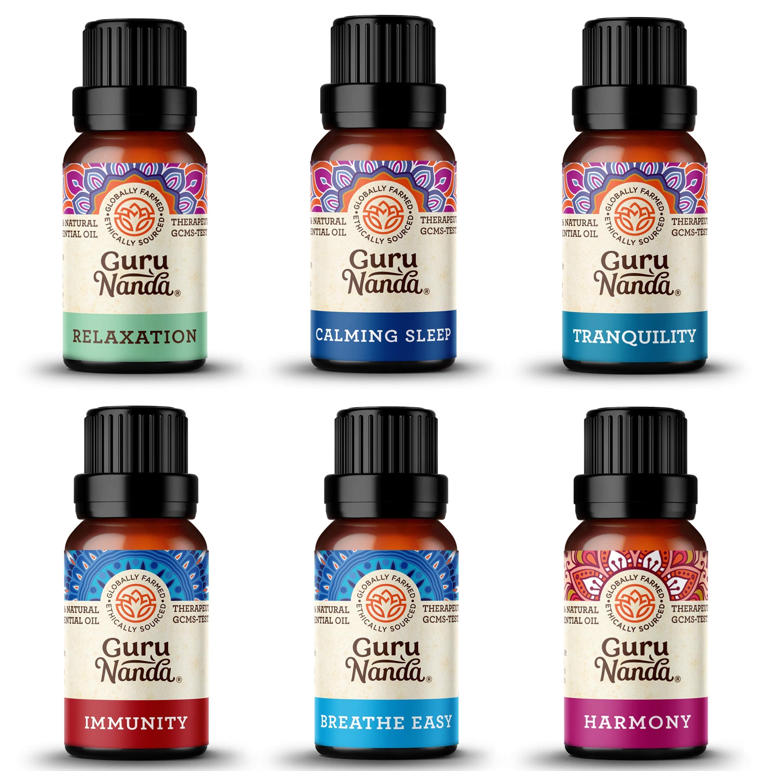 Guru Nanda (Set of 6) Therapeutic Grade Essential Oil Blends - 100% Pure & Natural Aromatherapy Blends for Oil Diffusers & Topical Use & GuruNanda Essential Oil Diffuser (Pack of 2)