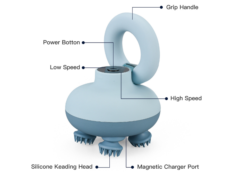Scalp Massager with Strength Grip and Solicone The massager comes with a 25-pound force grip design, which helps to hold the massager firmly while performing hand strength training. Easy to control, with one button and two speed modes to choose from. 84 kneading nodes to provide you with the most comfortable massage experience. USB rechargeable battery takes 2-3 hours to fully charge. The massage head can be removed for cleaning and can be easily reattached.