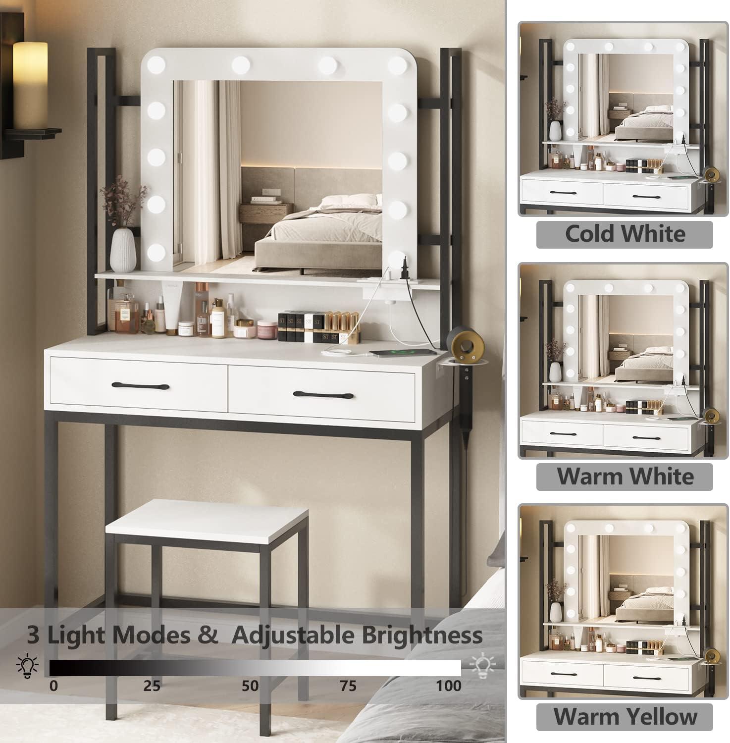 Vanity Desk Table Set with Lighted Mirror and Drawer for Bedroom