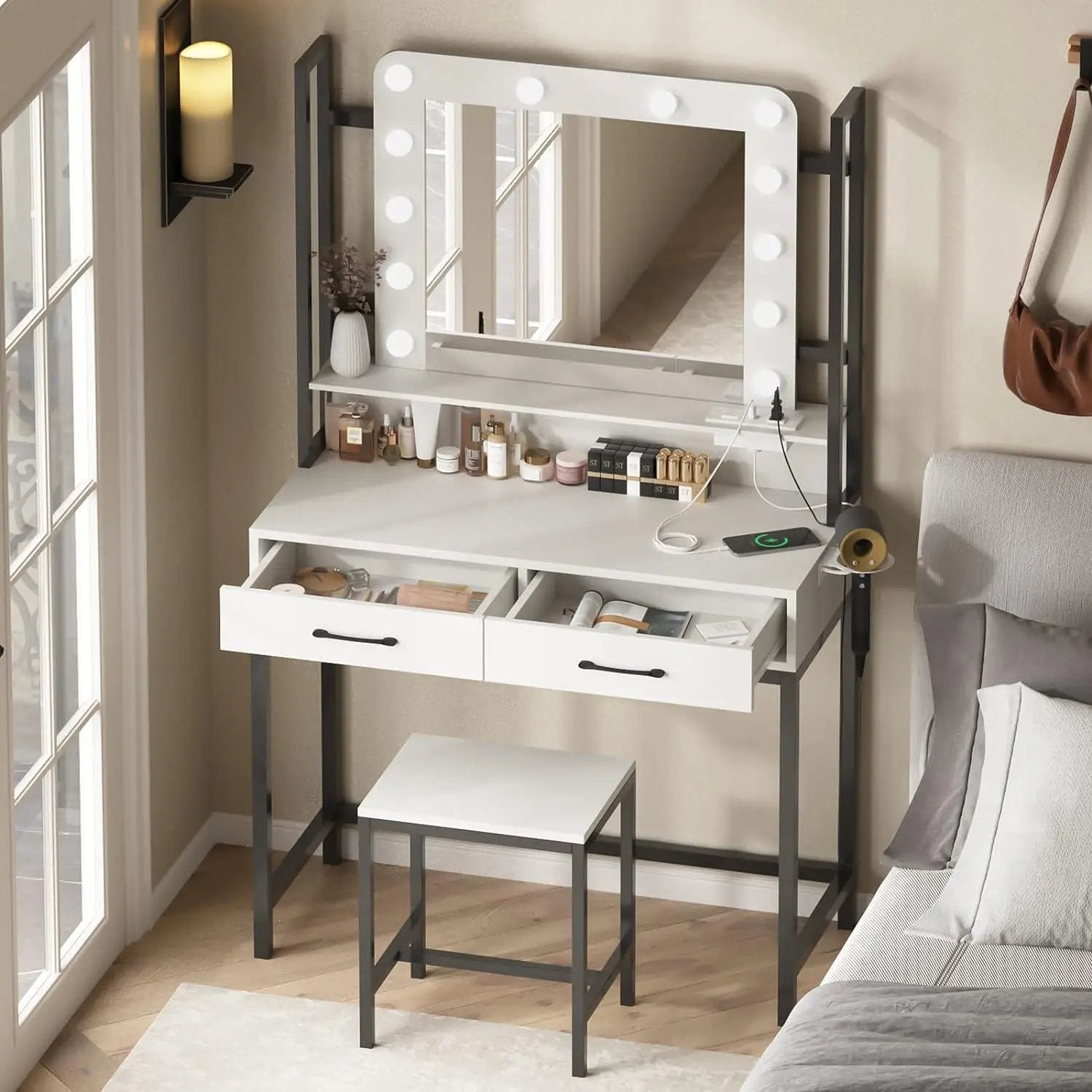 Vanity Desk Table Set with Lighted Mirror and Drawer for Bedroom