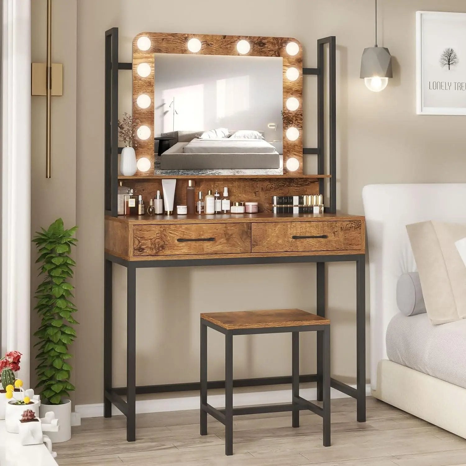 Vanity Desk Table Set with Lighted Mirror and Drawer for Bedroom