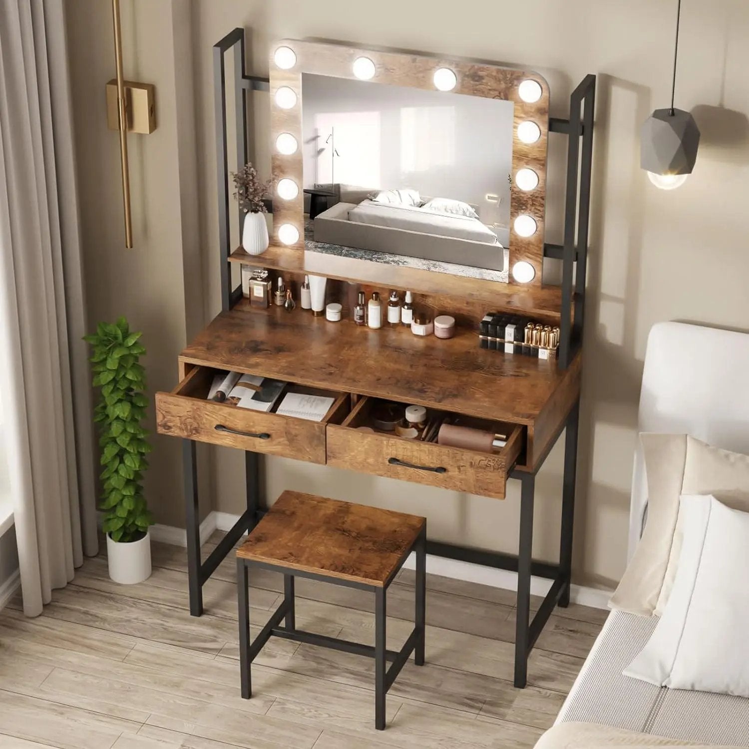 Vanity Desk Table Set with Lighted Mirror and Drawer for Bedroom