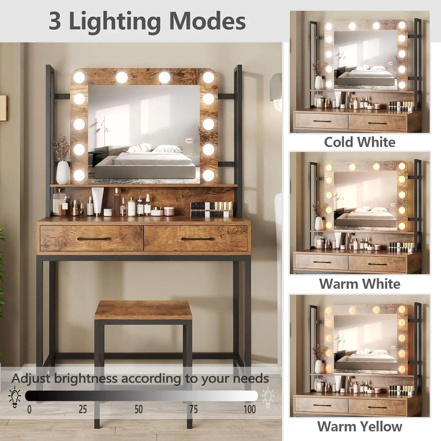 Vanity Desk Table Set with Lighted Mirror and Drawer for Bedroom