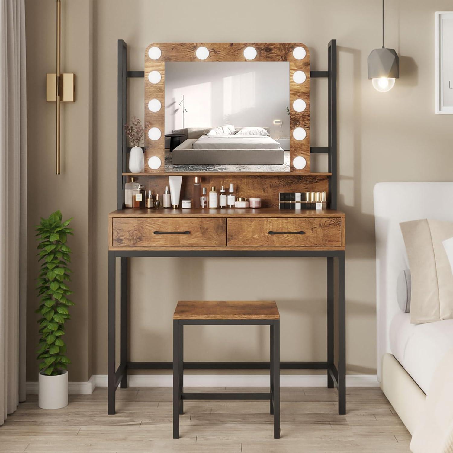 Vanity Desk Table Set with Lighted Mirror and Drawer for Bedroom