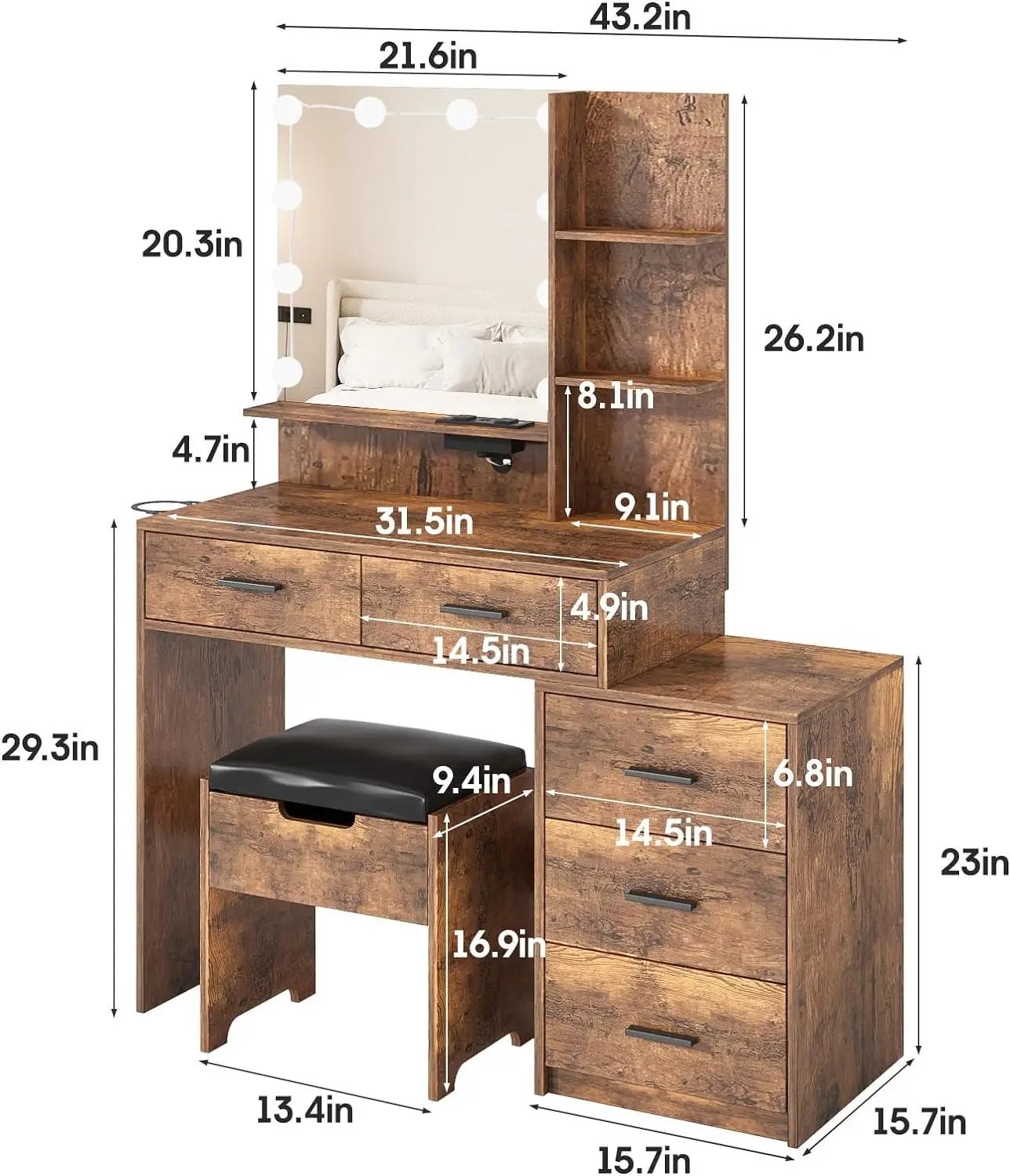 Makeup Vanity with 10 Led Lights, Charging Station and 5 Drawers Large Capacity