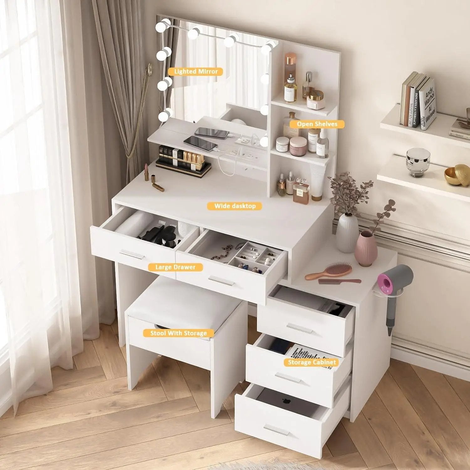 Makeup Vanity with 10 Led Lights, Charging Station and 5 Drawers Large Capacity
