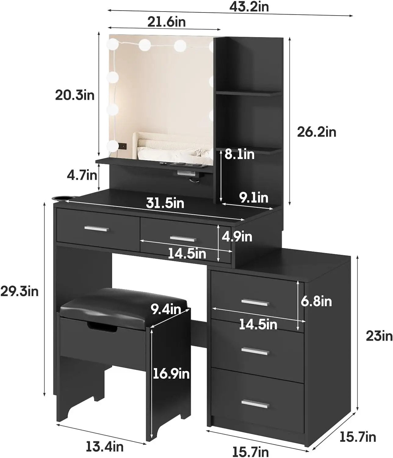 Makeup Vanity with 10 Led Lights, Charging Station and 5 Drawers Large Capacity