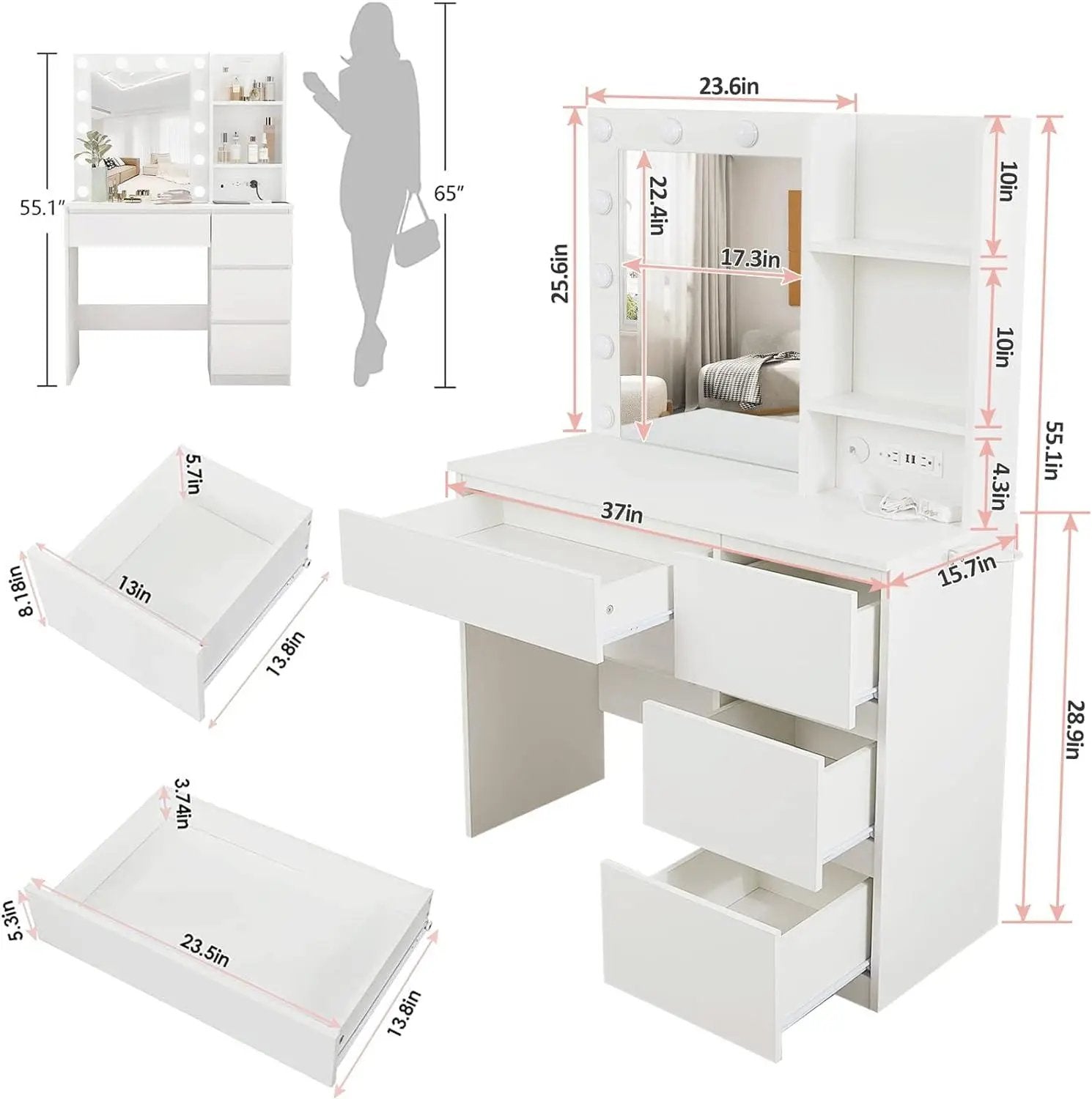 37inch Vanity Desk 4 Drawers Makeup Table with Lighted Mirror