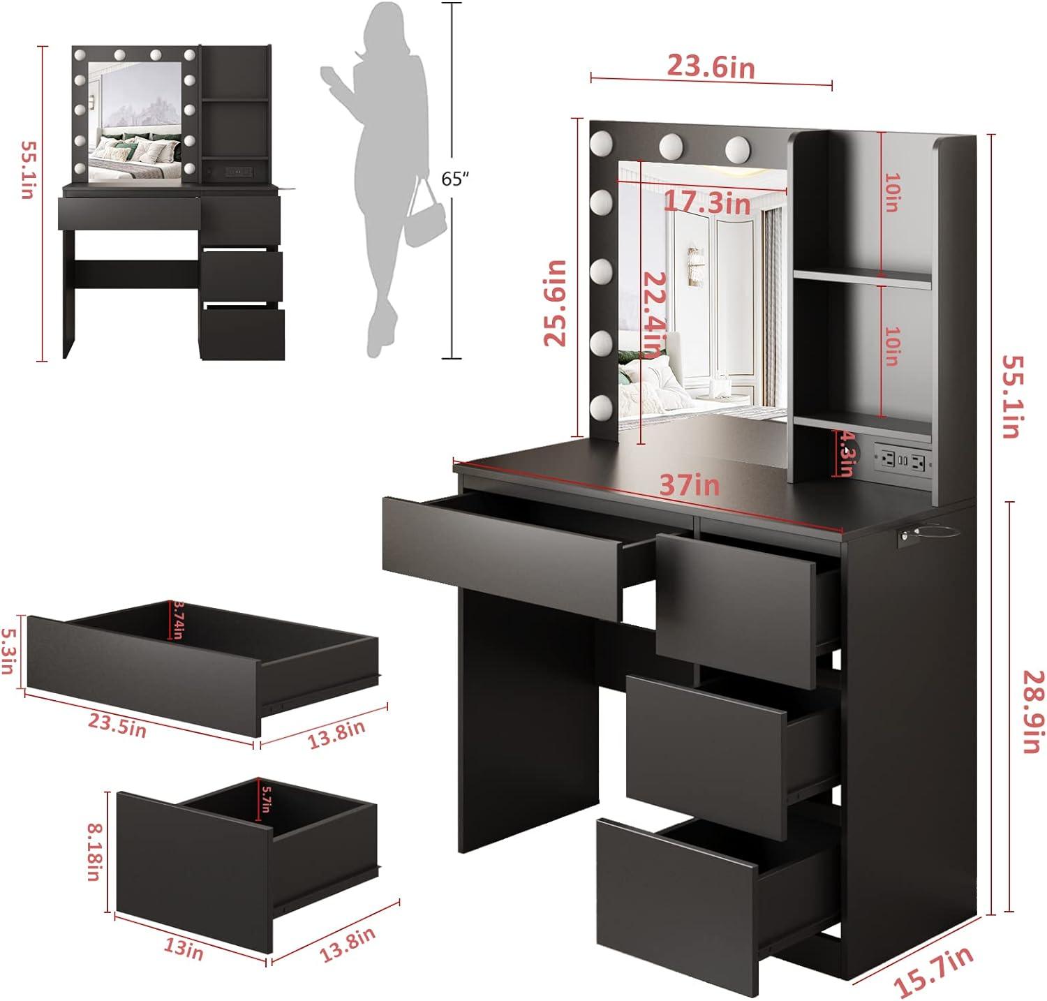 37inch Vanity Desk 4 Drawers Makeup Table with Lighted Mirror