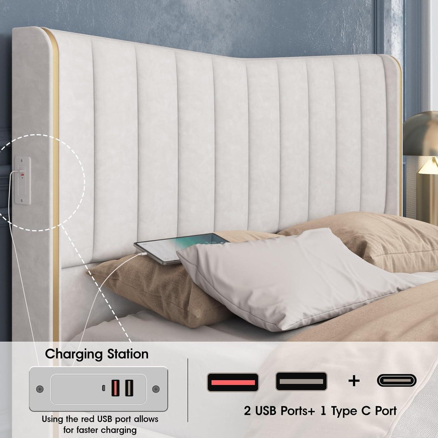 Queen Size Bed Frame Upholstered Platform Bed with Charging Station