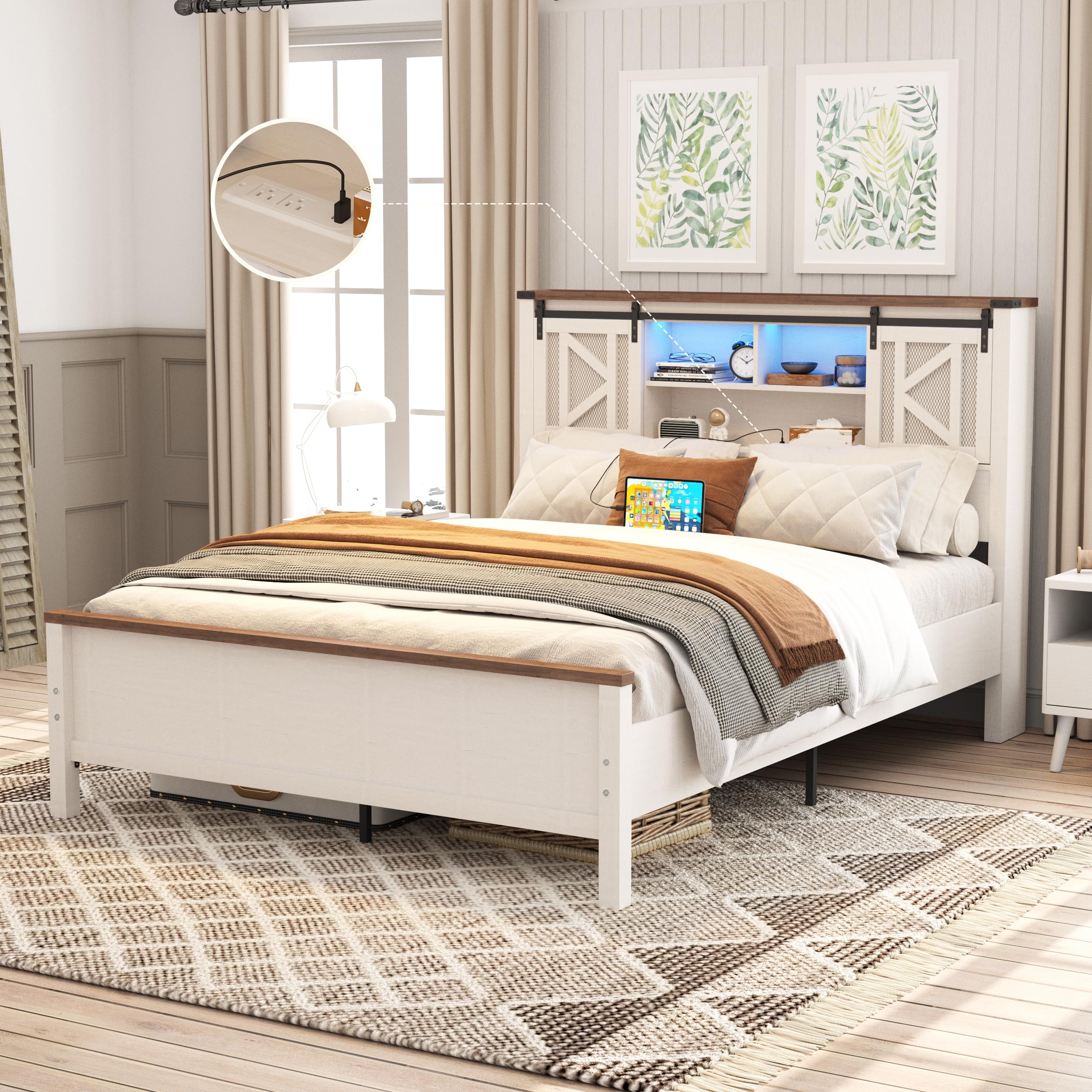 Farmhouse Bed Frame with Storage Bookcase Headboard, LED Lights and Charging Station