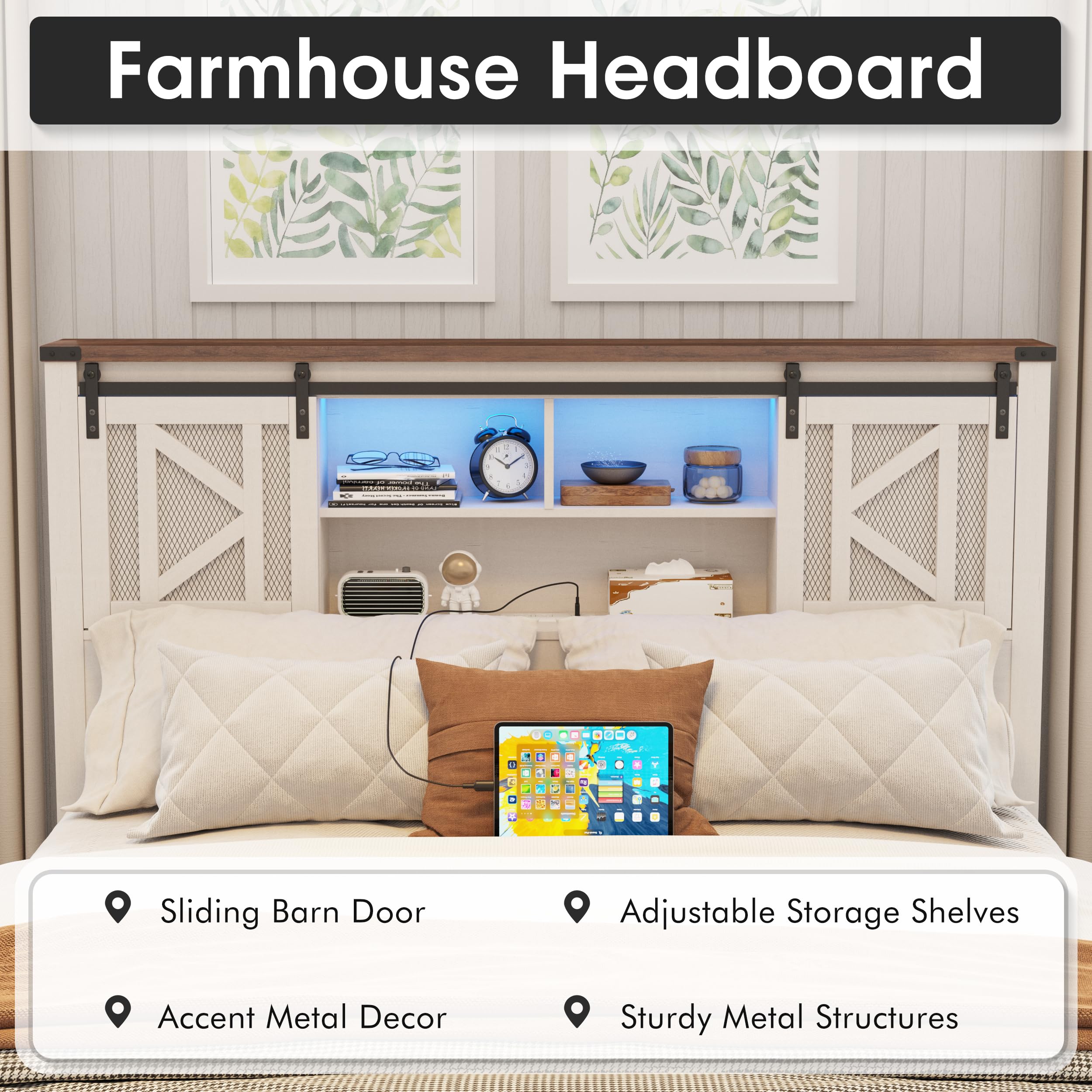 Farmhouse Bed Frame with Storage Bookcase Headboard, LED Lights and Charging Station