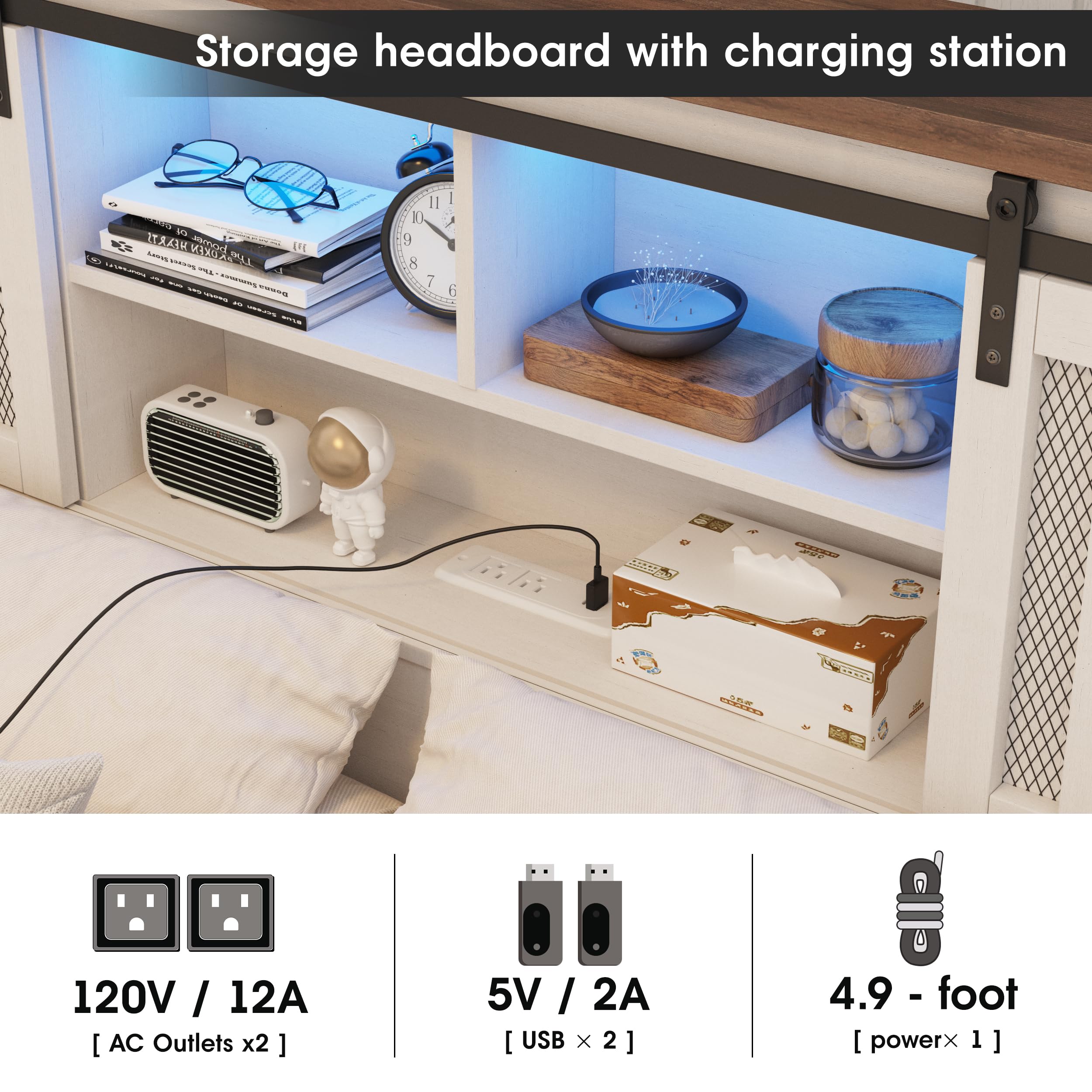 Farmhouse Bed Frame with Storage Bookcase Headboard, LED Lights and Charging Station