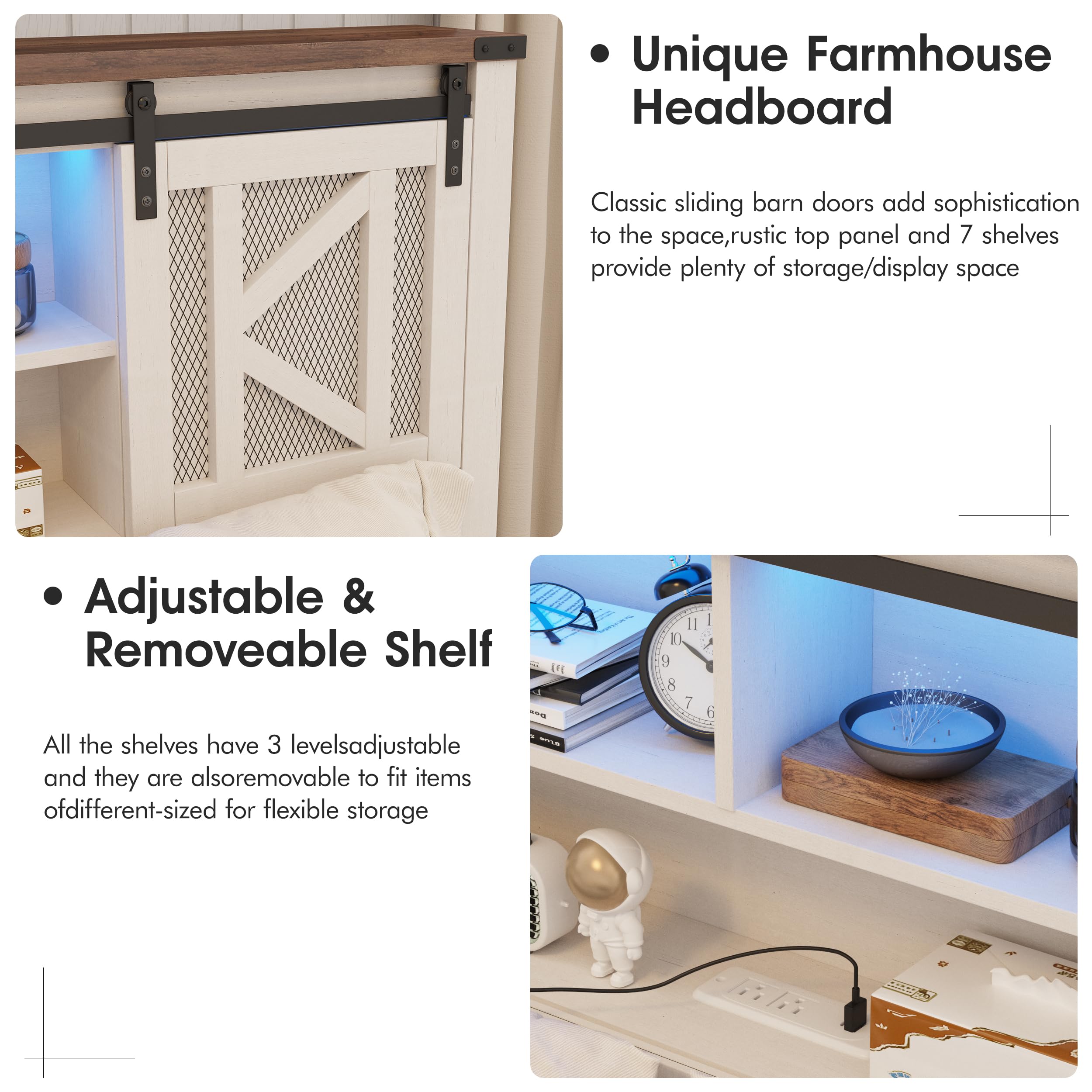 Farmhouse Bed Frame with Storage Bookcase Headboard, LED Lights and Charging Station