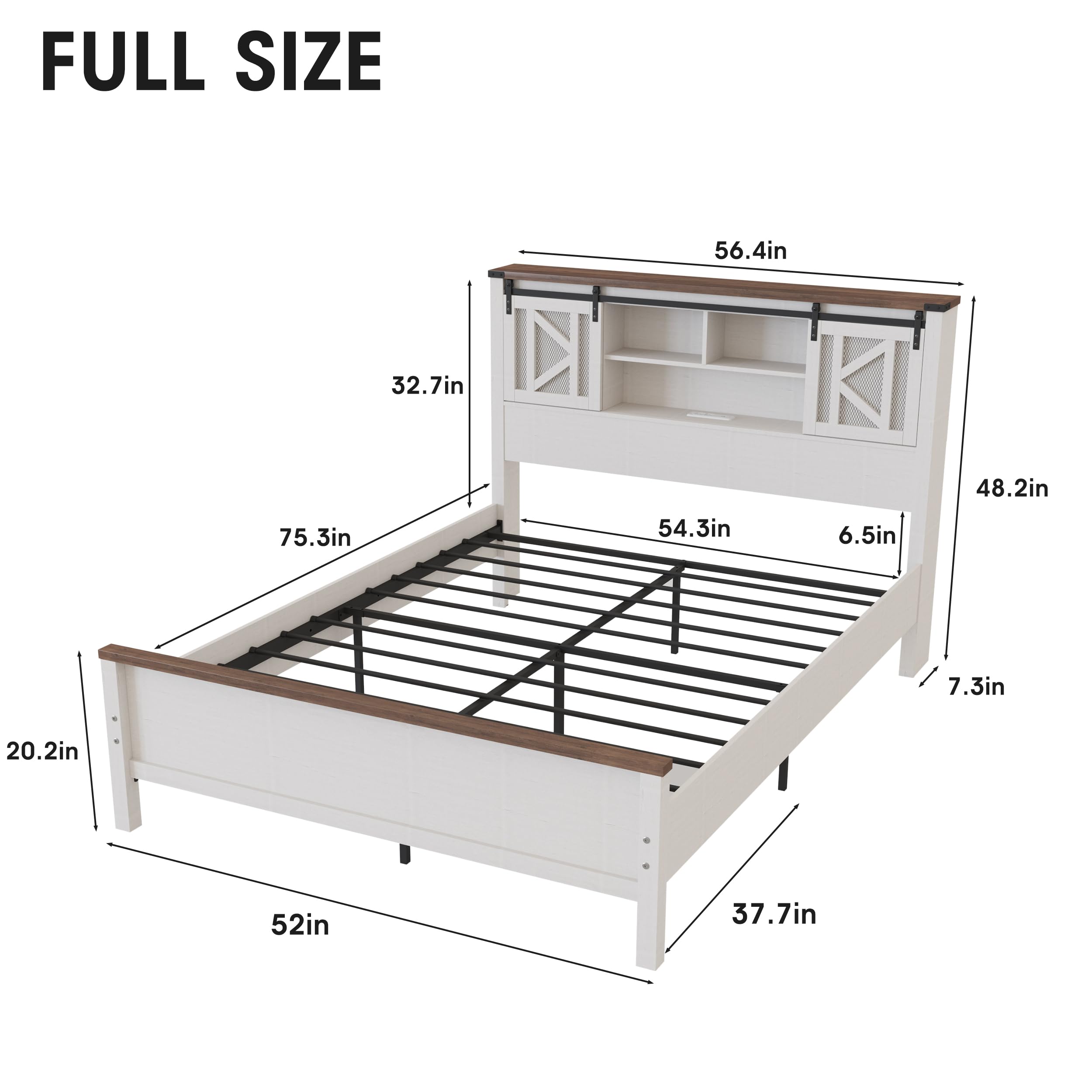 Farmhouse Bed Frame with Storage Bookcase Headboard, LED Lights and Charging Station