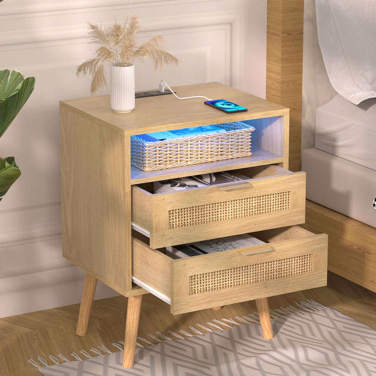 Rattan Nightstand with Charging Station USB Port Led Lights and 2 Storage Drawers