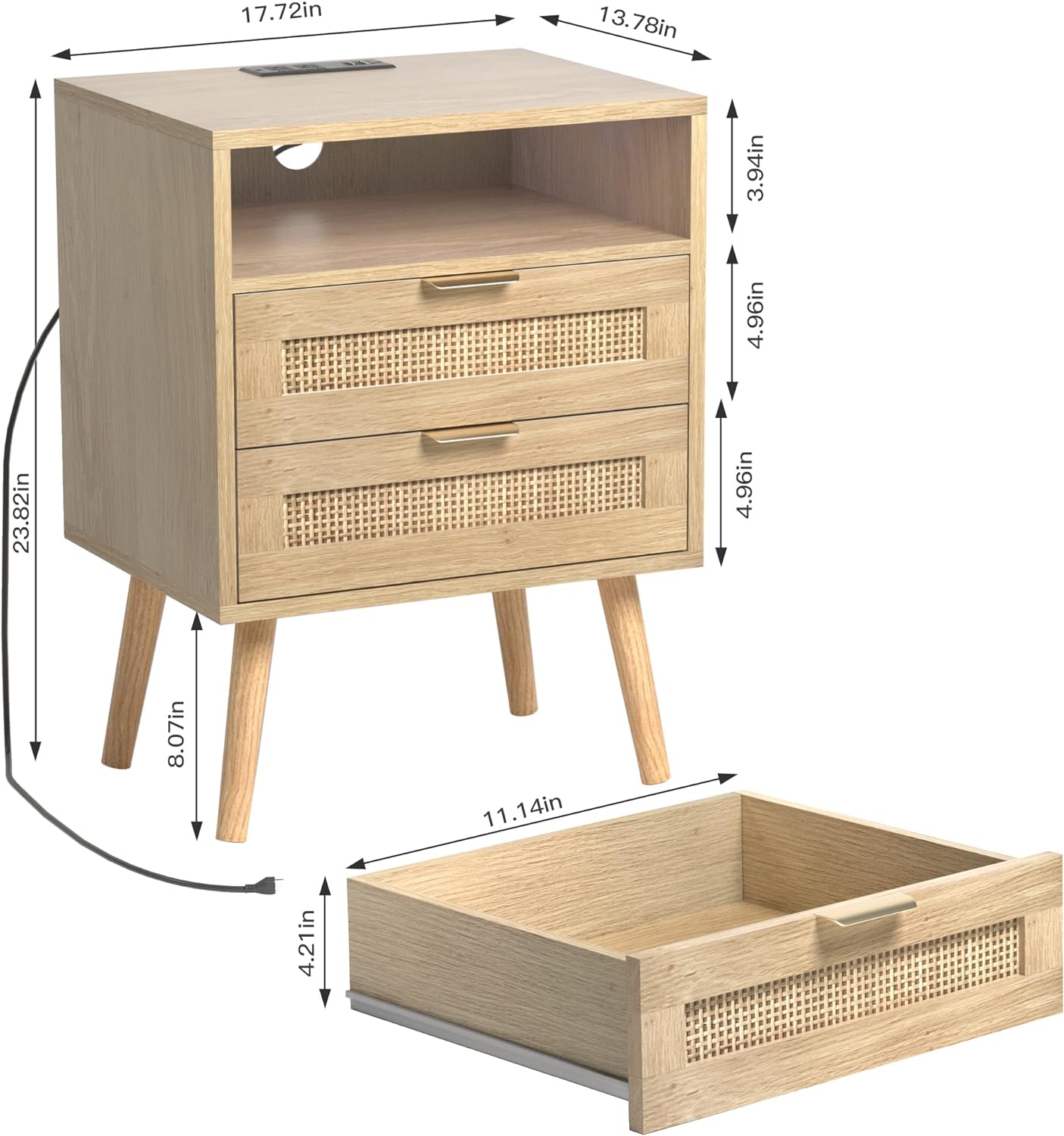 Rattan Nightstand with Charging Station USB Port Led Lights and 2 Storage Drawers