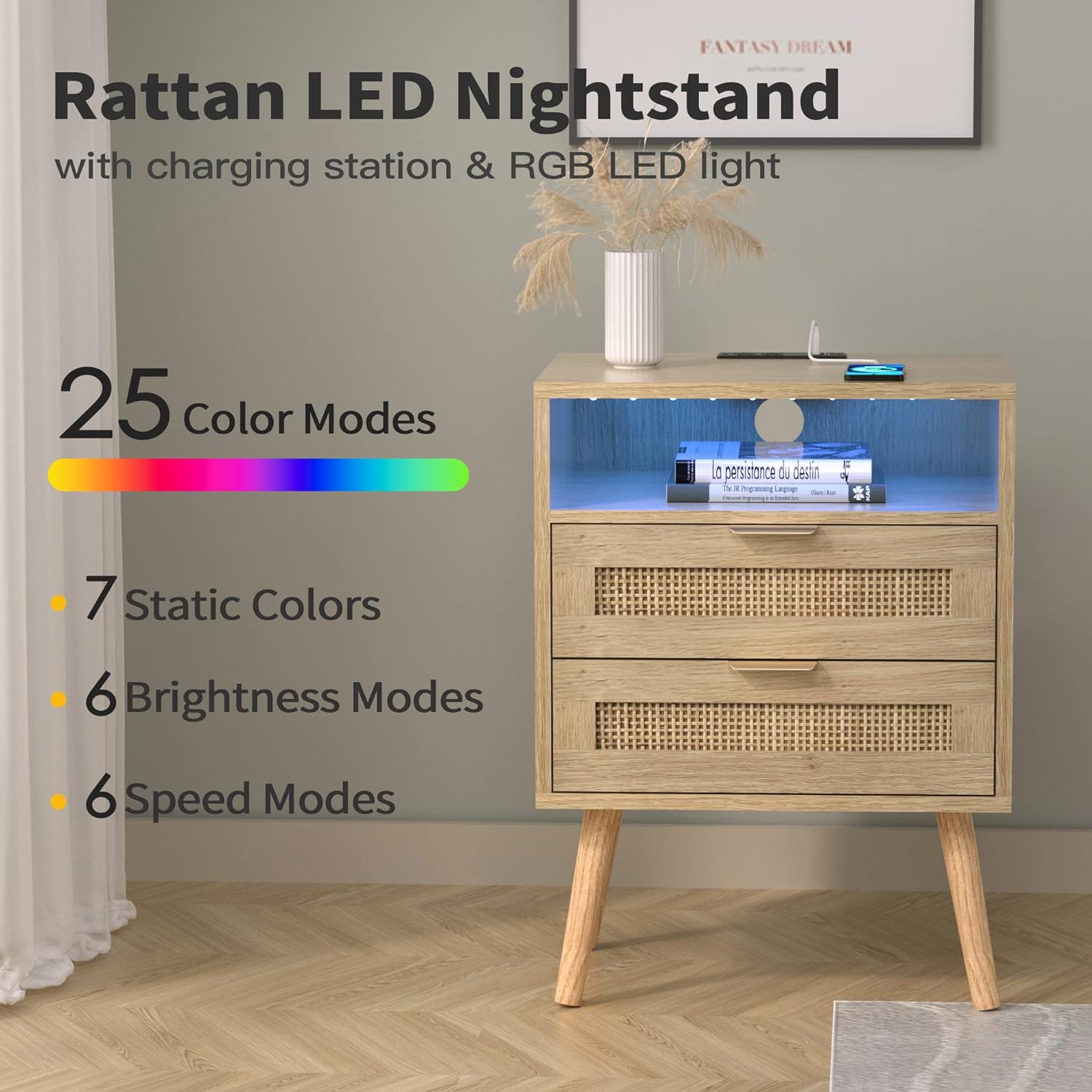 Rattan Nightstand with Charging Station USB Port Led Lights and 2 Storage Drawers