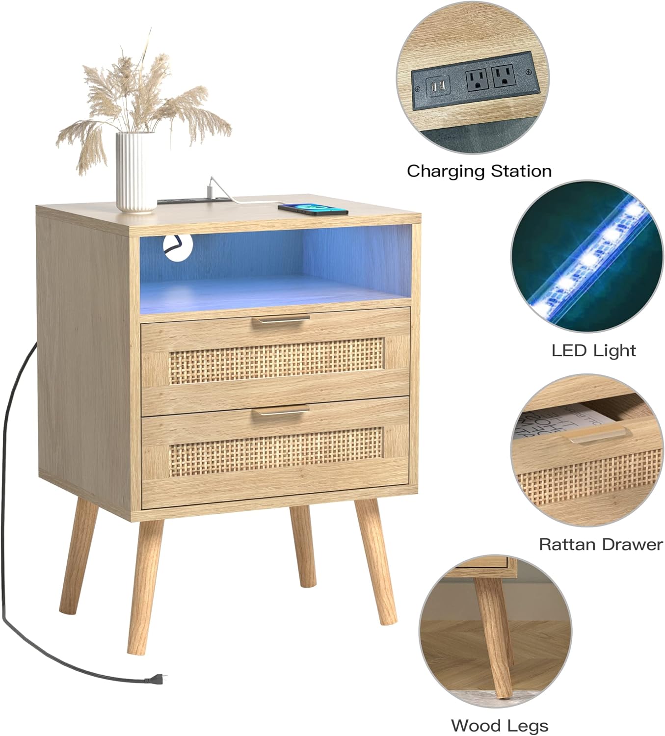 Rattan Nightstand with Charging Station USB Port Led Lights and 2 Storage Drawers