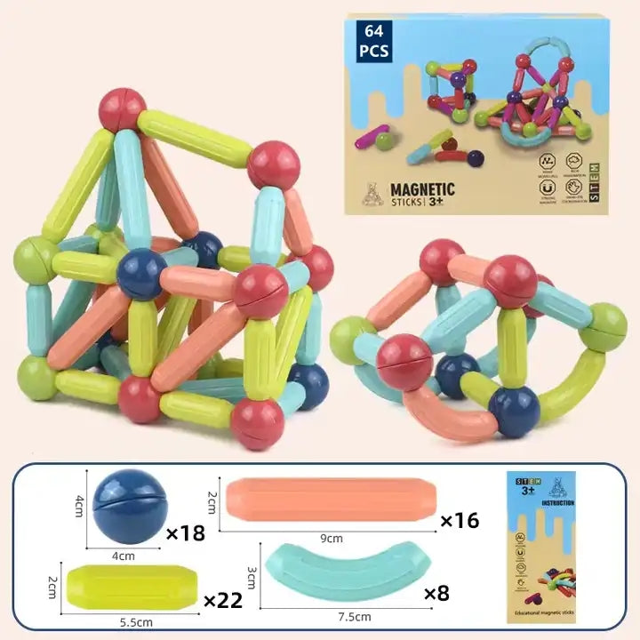 DIY 3D Kids Creative Educational Toy Assembly Building Game Magnet Stick Toys Magnet Rods 64pcs Magnetic Building Blocks